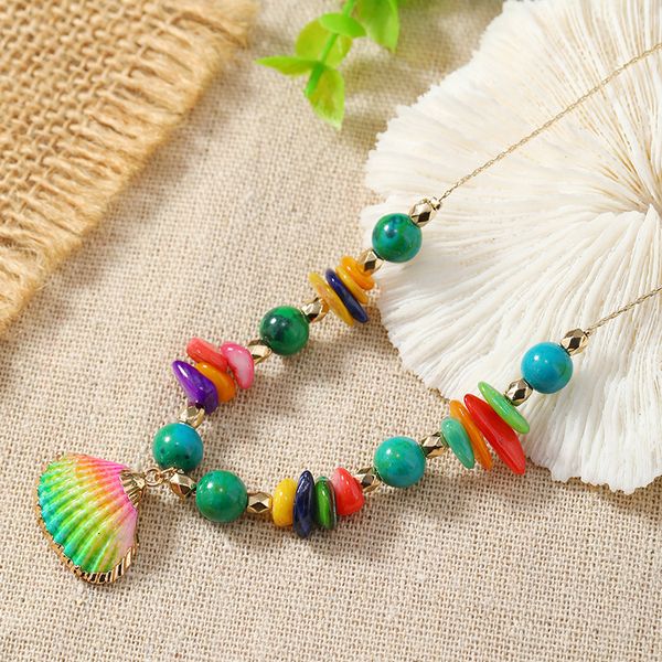 

simple retro natural colored shell necklace with adjustable summer beach beach sweater chain for women, Silver
