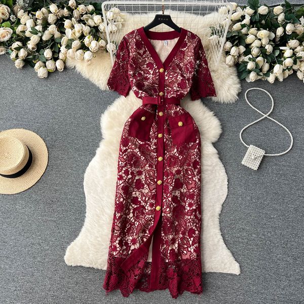 

casual dresses french dress women summer new fashion single breasted short sleeve lace hollow party elegant clothes vestido feminino 2023, Black;gray