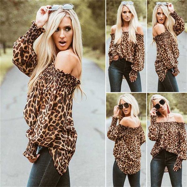 

qianmen8.sg women leopard print long sleeve shoulder casual shirt blouse t-shirt, White