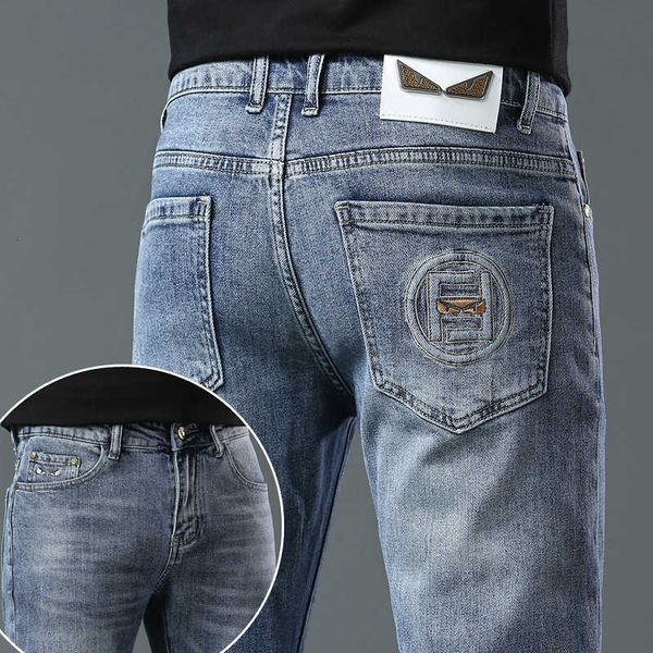 

men's 2023 jeans light luxury korean edition thin elastic feet slim fit brand, Blue