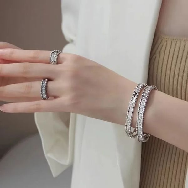 

solid silver 17" charm bracelets signature bracelet van four-leaf clover star kaleidoscope perlees gold bracelet for womens girls valen, Golden;silver