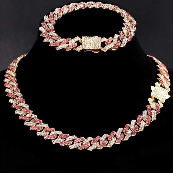 

strands new pink 14mm rhombus cuban chain necklace bracelet for women bling 2 row rhinestone prong hiphop set jewelry 230613, Black