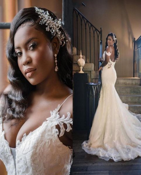 

2021 vintage lace wedding dresses arabic aso ebi mermaid bridal gowns spaghetti straps vestidos de novia lace open back plus size 5388041, White