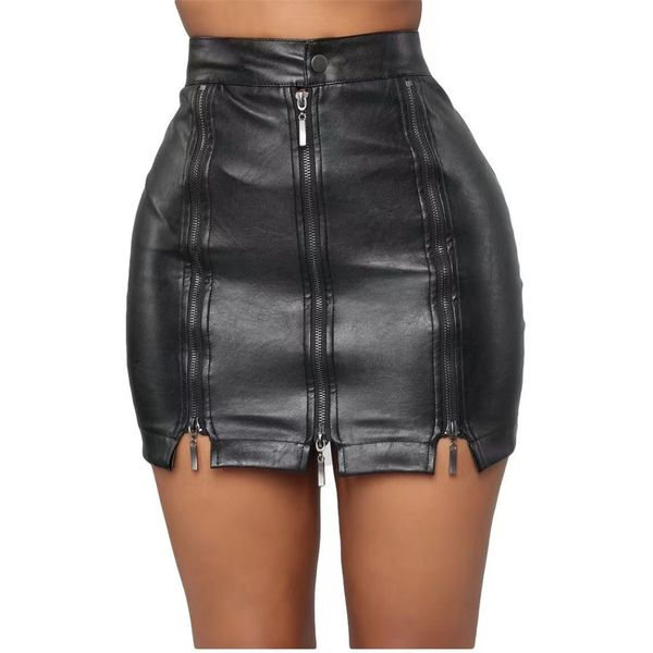 

designer pu leather skirt fashion mini skirts zipper daily loose dress high waist hip a-line dresses party club mid clothing wide trouse, Black;gray