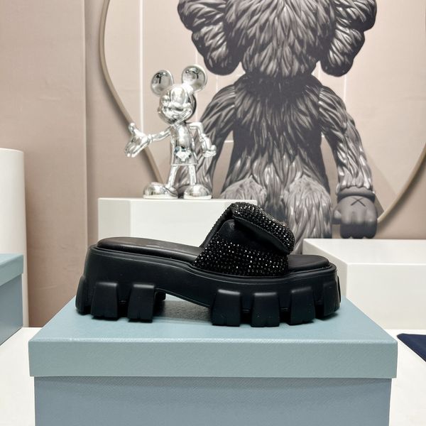 

soft padded nappa leather slipper designer sandals triangle logo crystal slides summer platform sandals rhinestone slip on flats chunky thic, Black