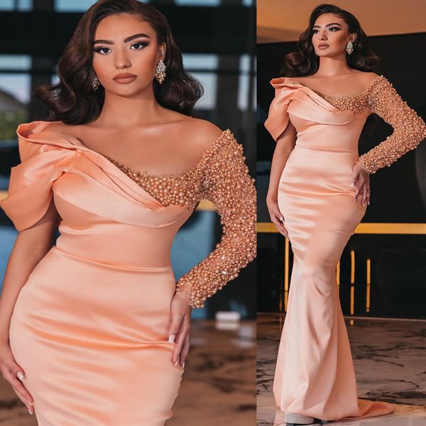 

2023 aso ebi mermaid champagne prom dress pearls satin evening formal party second reception birthday bridesmaid engagement gowns dresses ro, Black