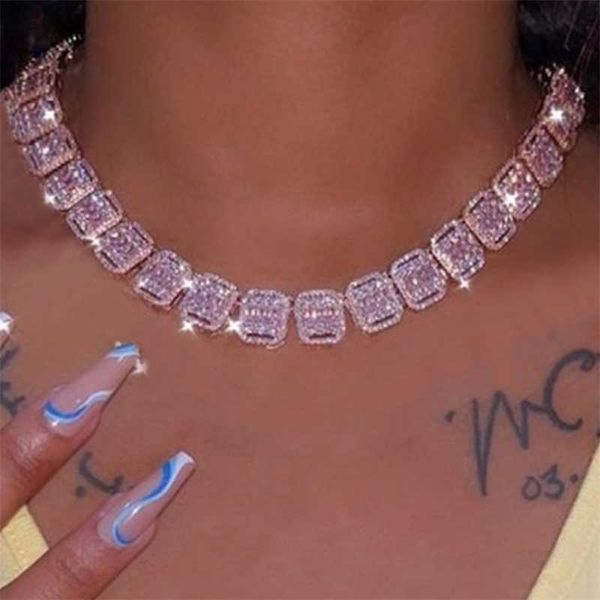 

strands 13mm iced out baguette pink tennis chain necklace for women paved bling square crystal link necklaces hip hop jewelry gift 230613, Black