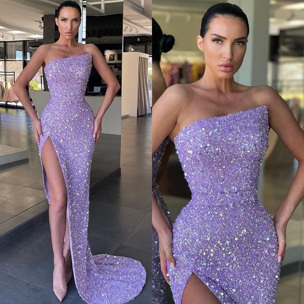 

elegant lavender prom dresses strapless sequins party evening gowns slit formal long special occasion dress, Black