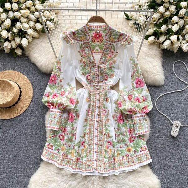 

casual dresses spring autumn women v-neck short dress 2023 runway fashion floral print long lantern sleeve single breasted mini vestidos, Black;gray