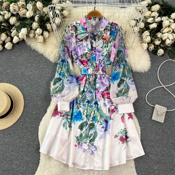 

casual dresses runway holiday flower mini dress 2023 women's lapel collar long lantern sleeve floral print belt lace up party vestidos, Black;gray