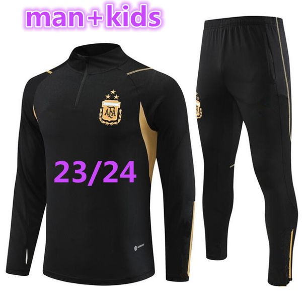 

3 stars 22 23 24 argentina tracksuit kids kits 2023 2024 football survetement di maria kun aguero dybala training suit man child soccer set, Black