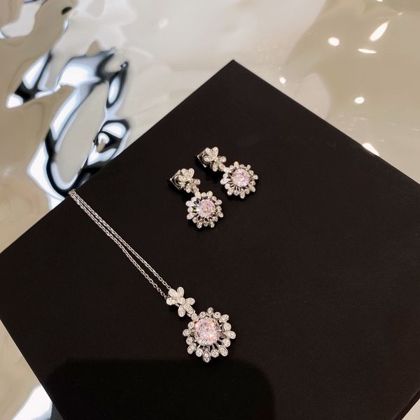 

well sale original single high-end quality 925 sterling silver light pink flower pendant with full diamond necklace earrings for women weddi