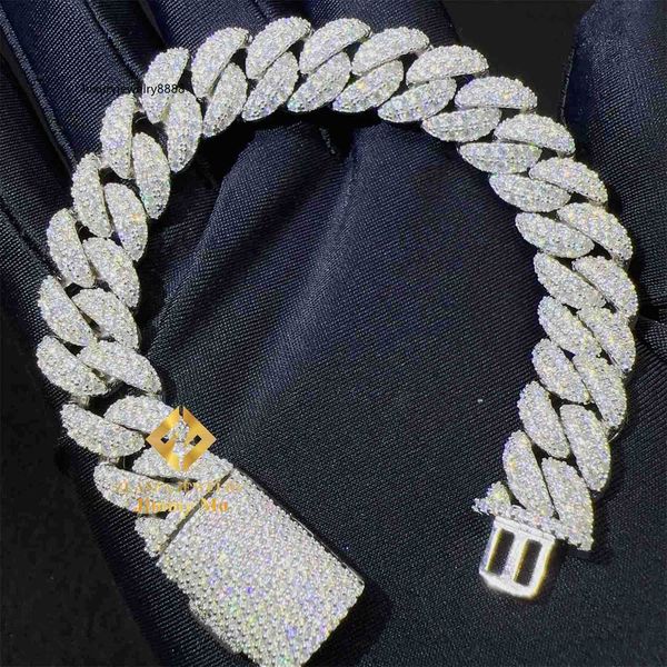 

12mm two row 925 solid silver iced out hip hop fire jewelry vvs moissanite cuban link chain bracelet