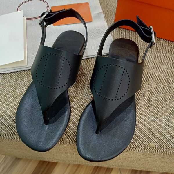 

5a brand designer sandals women's classic clamping sandals slippers genuine leather luxury roman sandals flat shoes with h size 35-41, Black