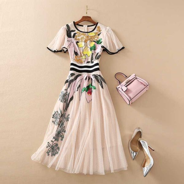 

dresses european and american women's wear for summer 2021 short sleeves with flared fashion mesh sequined embroidered dress, Black;gray