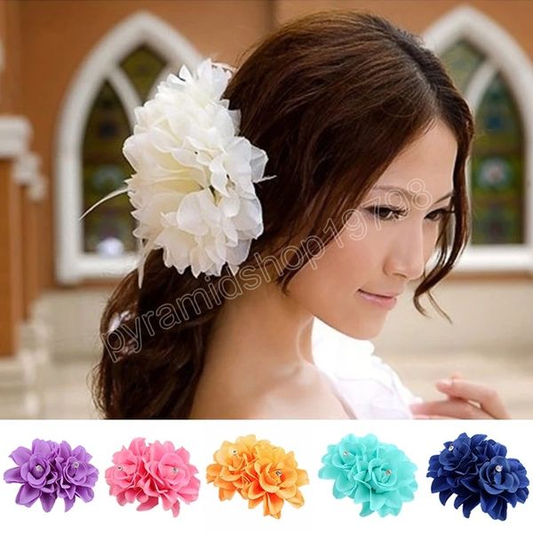 

double rose hairpins bohemian style fashion wedding bridesmaid barrette solid color handmade bridal flower headwear elegant, Slivery;white