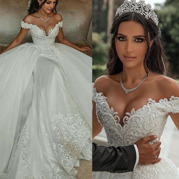 

elegant ball gown wedding dresses off shoulder appliques lace bridal gowns custom made sweep train vestido de novia, White