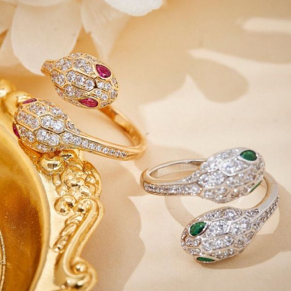 

designer collection style ring paved full czech zircon diamond plated gold color green red blue eyes double head snake serpent open rings, Slivery;golden