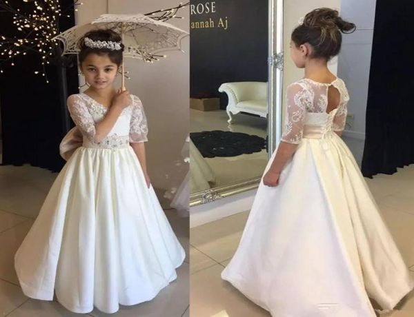 

vintage lace long flower girl dresses new beaded floor length aline half sleeve first communion dress for wedding party gowns2026549, White;blue