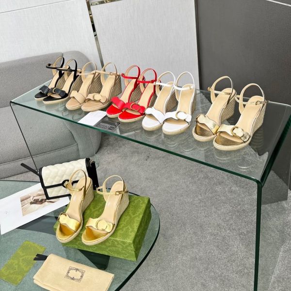 

designers wedge sandals women straw raffia woven platform espadrille genuine leather high heels 8cm double g sandal summer beach wedding sho, Black