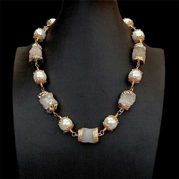 

strands yying natural white quartz druzy stone sea shell pearl necklace 20" women gift 230613, Black