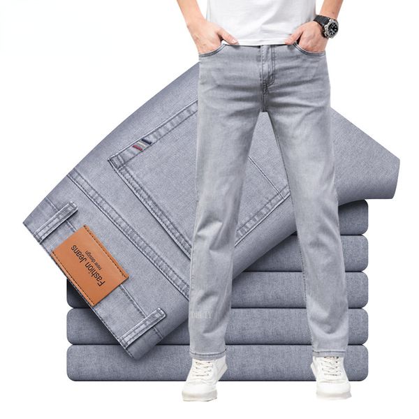 

brand straight lightweight cotton stretch denim mens business casual high waist thin light grey jeans, Blue