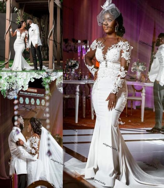 

arabic aso ebi mermaid wedding dresses illusion long sleeve sheer oneck lace floral african plus size court train bridal dress5291548, White