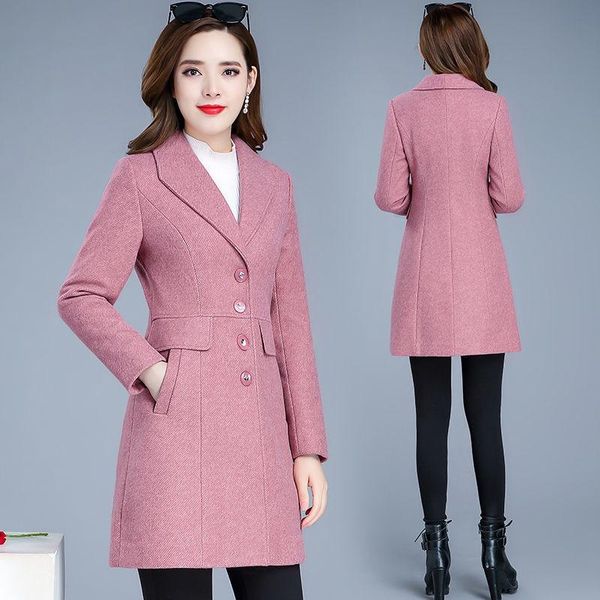 

fur woolen women's jacket 2022 autumn winter new fashion woolen female coat mid long slim warm women woolen cloth overcoat r153, Black