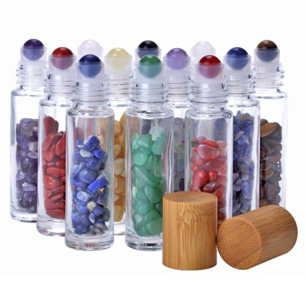 

100pcslot empty 10ml natural gemstones essential oil roller ball bottles transparent glass with bamboo lid caps6872427
