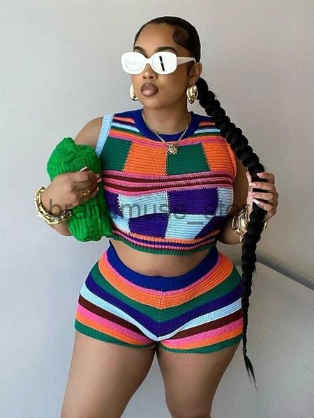 

women's two piece pants sifreyr multi-color knitted two piece set women casual wear suit y2k sleeveless o-neck tank and stretch shorts, White