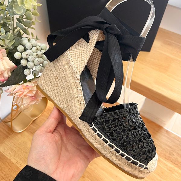 

2023 summer sandals women letters sandals trigonometer wedge heel straw rope weaving female espadrilles outdoor soft bottom non-slip slides, Black