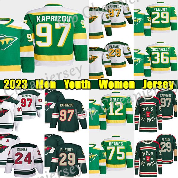 

#97 kirill kaprizov reverse retro hockey jersey 12 matt boldy 29 marc-andre fleury mats zuccarello matt dumba ryan reaves joel eriksson ek c, Black;red
