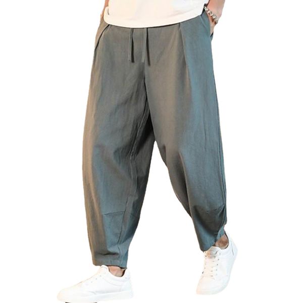 

cotton and linen loose mens pants male summer breathable solid color linen trousers fitness streetwear, Black