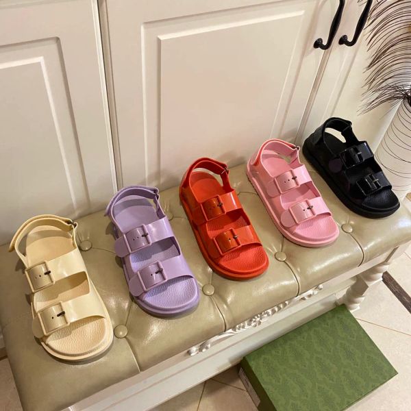 

designer women sandal with mini double g rubber sole logo buckle slipper foam runners leather classical fashion show style full package umv, Black