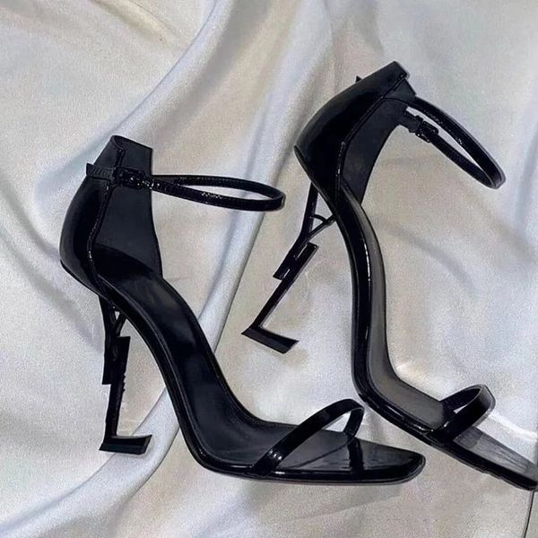 

designer heels women brand sandals letter heel 8cm 10cm black shiny patent leather peep toe summer woman pumps size 35-43