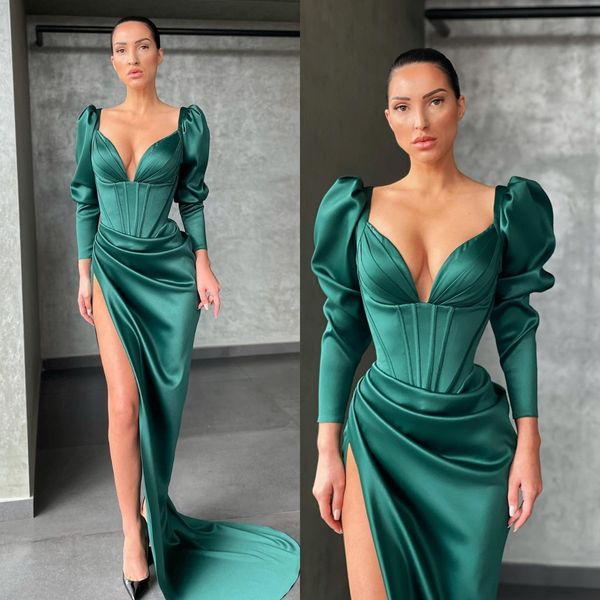 

emerald green prom dresses v neck long sleeves party evening gowns pleats slit semi formal red carpet long special occasion dress, Black