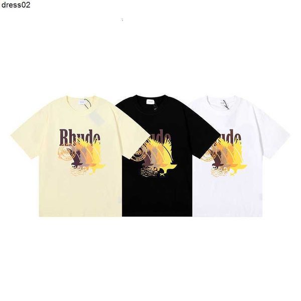 

fashion brand 23ss rhude gradient color bird printing short-sleeved t-shirt for men and women high street loose half-sleeved shirt, White;black