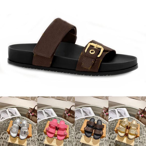 

wholesale bom dia flat mule slippers cool stylish slides 2 straps with adjusted gold buckles women summer slippers size 35-45, Black