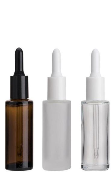 

30ml glass bottle flat shoulder frosted clear amber glass round essential oil serum bottle with glass dropper perfume bottles gga32141507