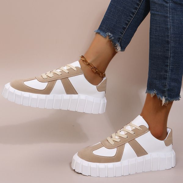 

casual sneakers women suede leather patchwork mixed colors lace-up round toe shoes, Black