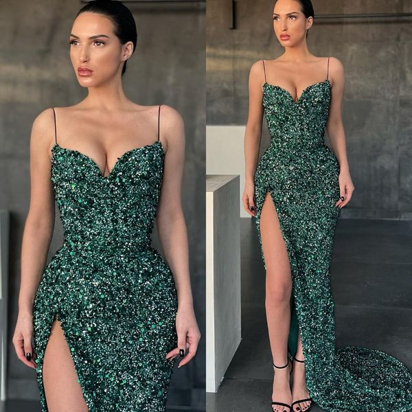 

elegant dark green prom dresses spaghetti sequins sheath party evening gowns slit formal long special occasion dress, Black