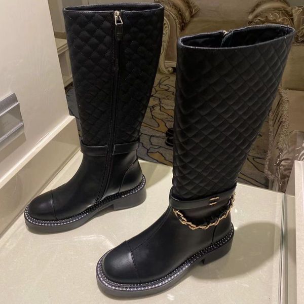 

new luxury women chain high boots diamond round toe black low and over the knee leather shoes ladies martin boot ankle boots 03