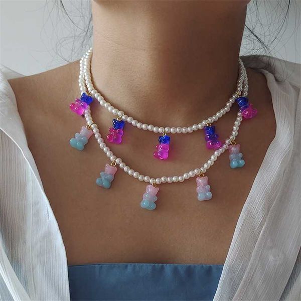 

beaded necklaces zx cute gummy bear pendant necklace women vintage handmade simulated pearl chokers short wholesale dropshipping 230613, Silver