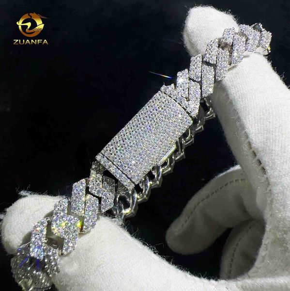 

custom hip hop jewelry 10mm 2 rows vvs moissanite cuban link bracelet 925 silver cuban link chain for men women