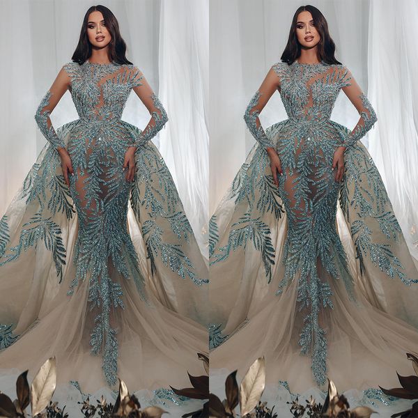 

gorgeous mermaid prom dresses jewel designer leaves applicants on soft tulle long sleeves court gown custom made plus size party dress vesti, Black