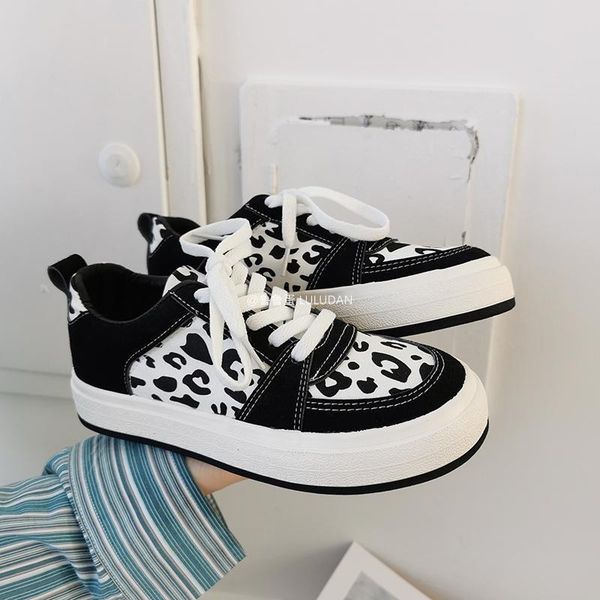

canvas leopard platform shoes women low-casual high street skateboard shoes lace-up non-slip ladies fashion footwear, Black