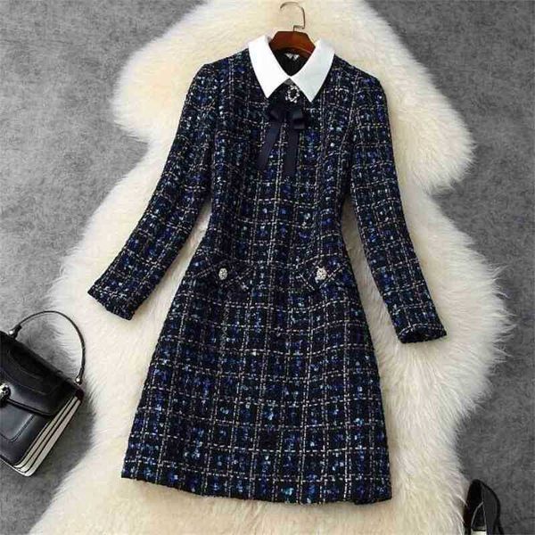 

dresses runway designers fashion turn down collar bowknot plaid tweed woolen dress autumn winter woman clothes casual vestidos 210514, Black;gray