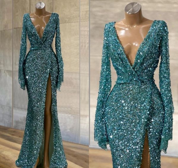 

blue glitter sequins mermaid prom dress long sleeves deep v neck front slit party night evening gowns vestidos de fiesta robe1630438, Black