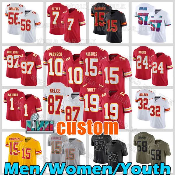 

15 patrick mahomes football jersey 87 travis kelce kansases city isiah pacheco felix anudike-uzomah chiefes nick bolton kadarius toney harri, Black;red