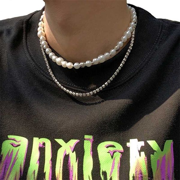 

strands shixin punk layered pearl beads choker necklaces set for men women shiny rhinestone chains on the neck fashion jewelry 230613, Black